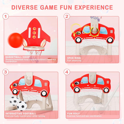 4-in-1 Kids Basketball Hoop Set with Football, Golf & Ring Toss – Adjustable Toddler Sports Center for Indoor & Outdoor Play