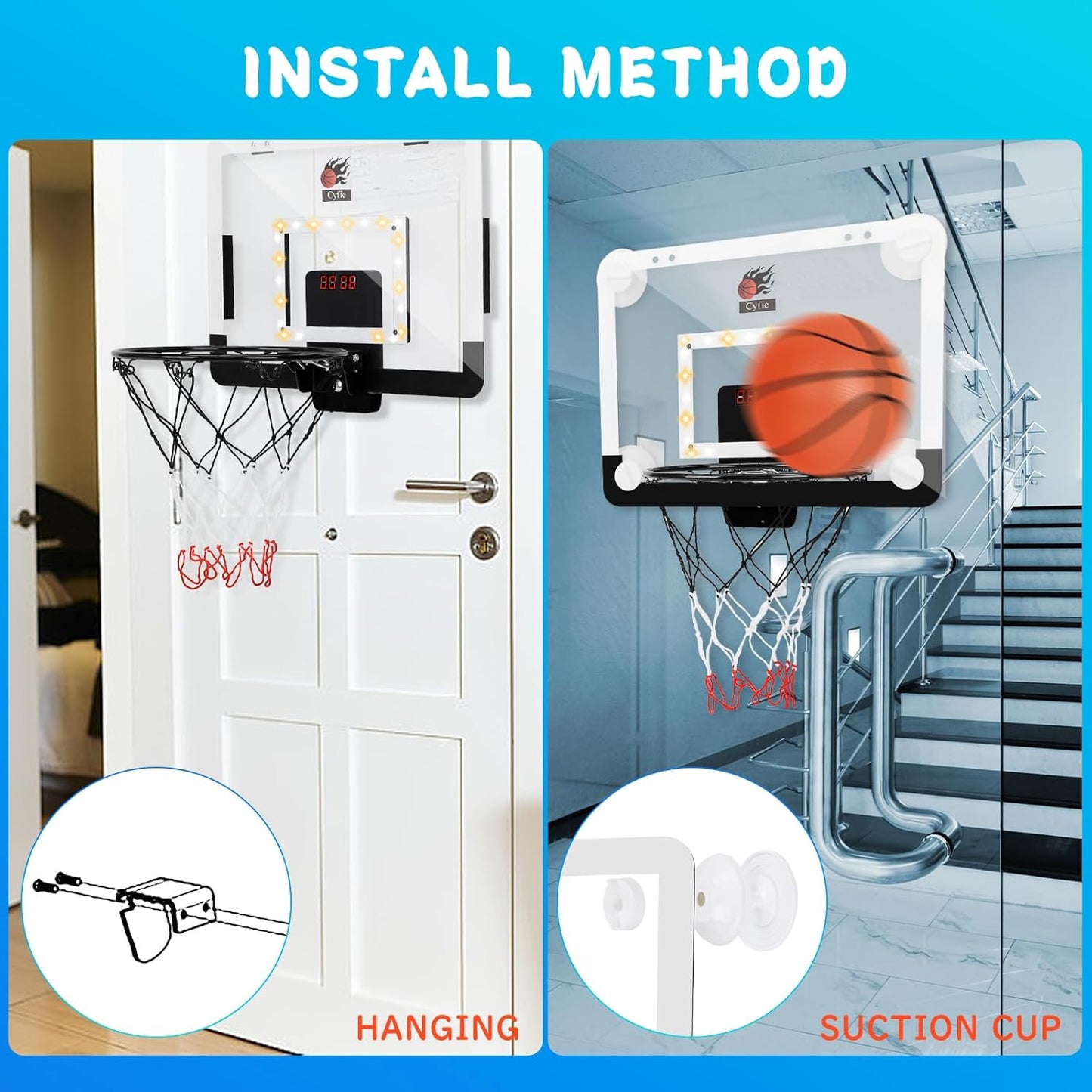 LED Mini Basketball Hoop with Electronic Scoreboard – Over-the-Door & Suction Cup Indoor Set for Kids