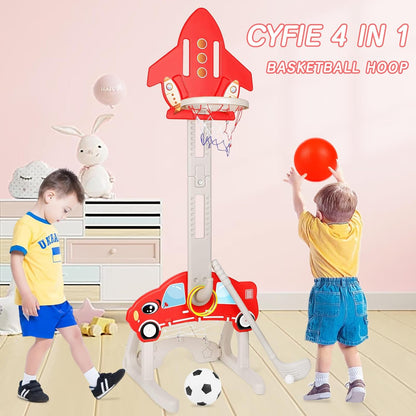 4-in-1 Kids Basketball Hoop Set with Football, Golf & Ring Toss – Adjustable Toddler Sports Center for Indoor & Outdoor Play