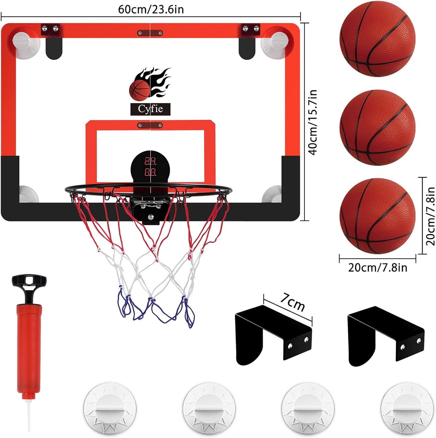 2026 Upgraded 24" x 16" Basketball Hoop – Suction Cup/Over-the-Door with Enhanced Suction Power, Electronic Scoreboard & 3 Balls