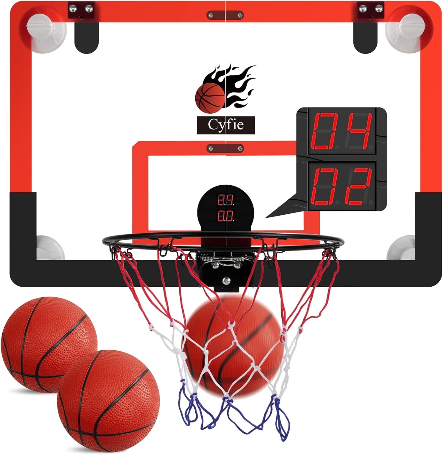 2026 Upgraded 24" x 16" Basketball Hoop – Suction Cup/Over-the-Door with Enhanced Suction Power, Electronic Scoreboard & 3 Balls