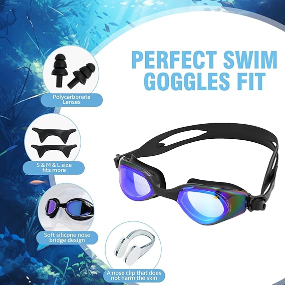 Swim Goggles Set – Anti-Fog, Leak-Proof with Nose Clip, Earplugs, Cap & Case for Men & Women