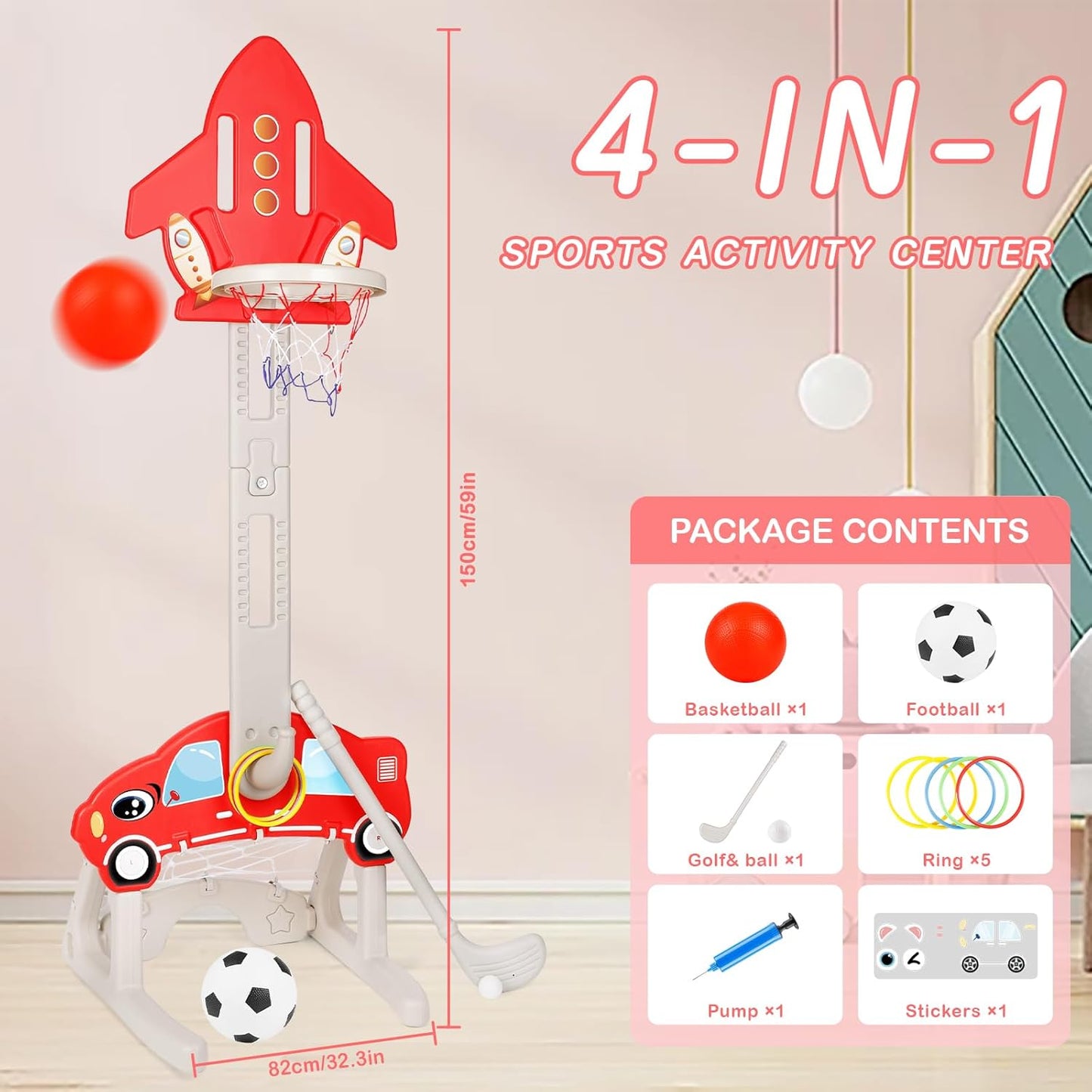 4-in-1 Kids Basketball Hoop Set with Football, Golf & Ring Toss – Adjustable Toddler Sports Center for Indoor & Outdoor Play