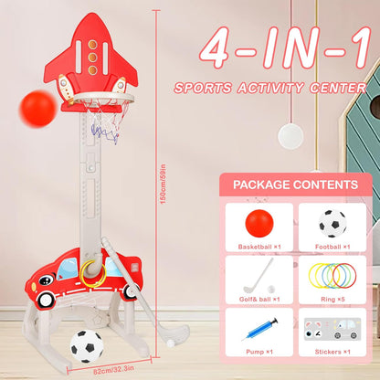 4-in-1 Kids Basketball Hoop Set with Football, Golf & Ring Toss – Adjustable Toddler Sports Center for Indoor & Outdoor Play