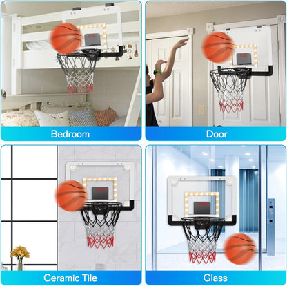 LED Mini Basketball Hoop with Electronic Scoreboard – Over-the-Door & Suction Cup Indoor Set for Kids
