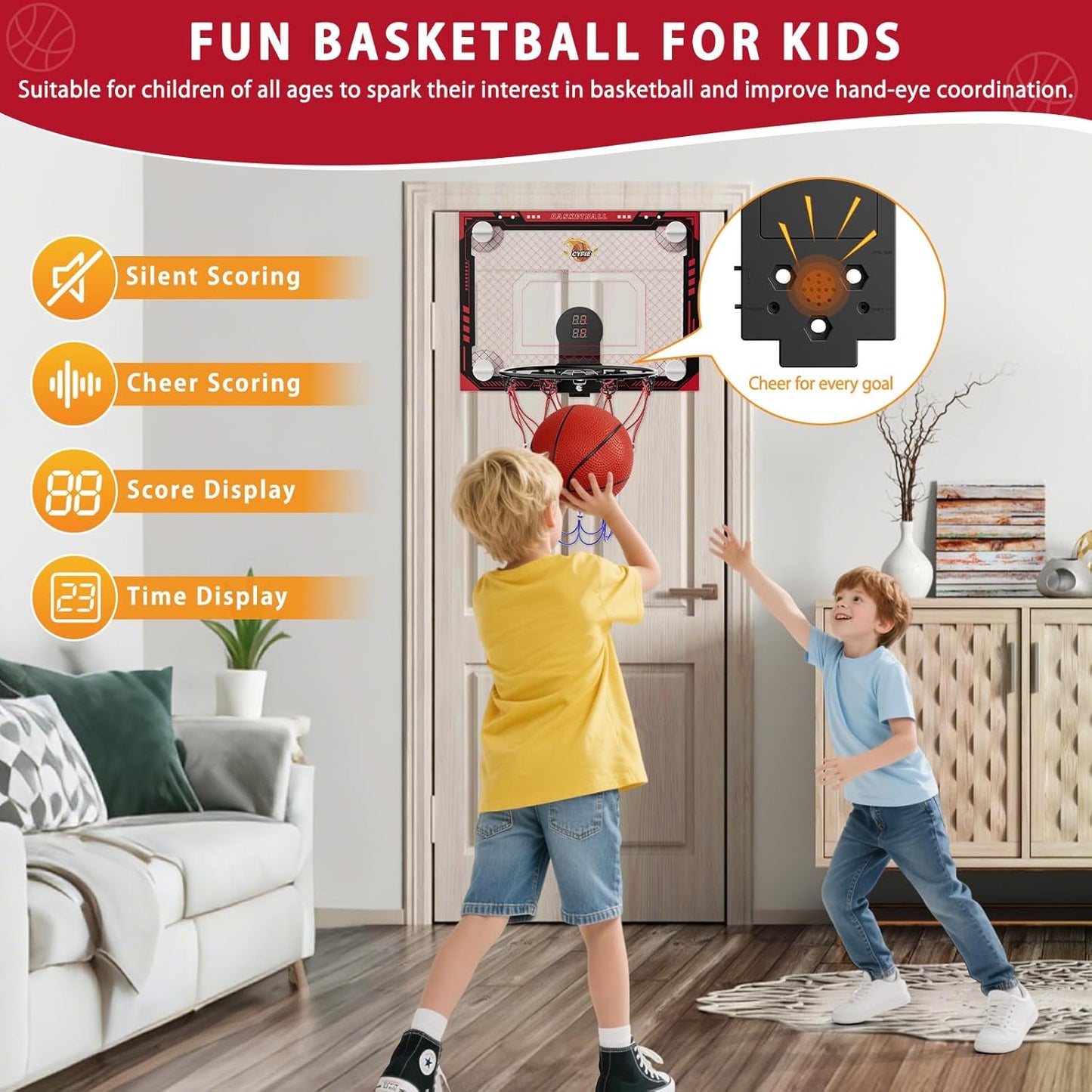 Indoor Mini Basketball Hoop with Electronic Scoreboard, Sound & 3 Balls – Suction Cup Toy for Kids & Teens