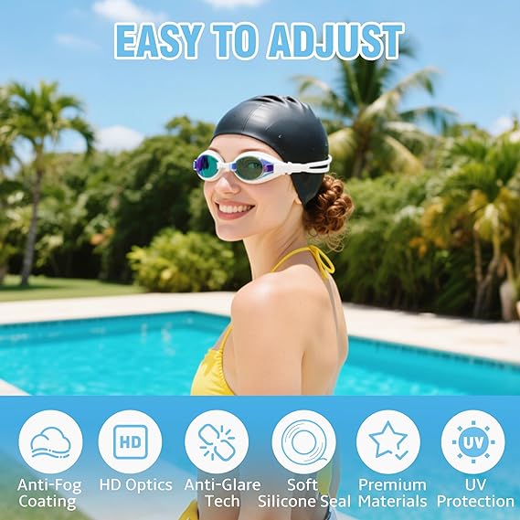 Unisex Swim Goggles Set – Anti-Fog, Leak-Proof with Nose Clip, Earplugs, Cap & Case