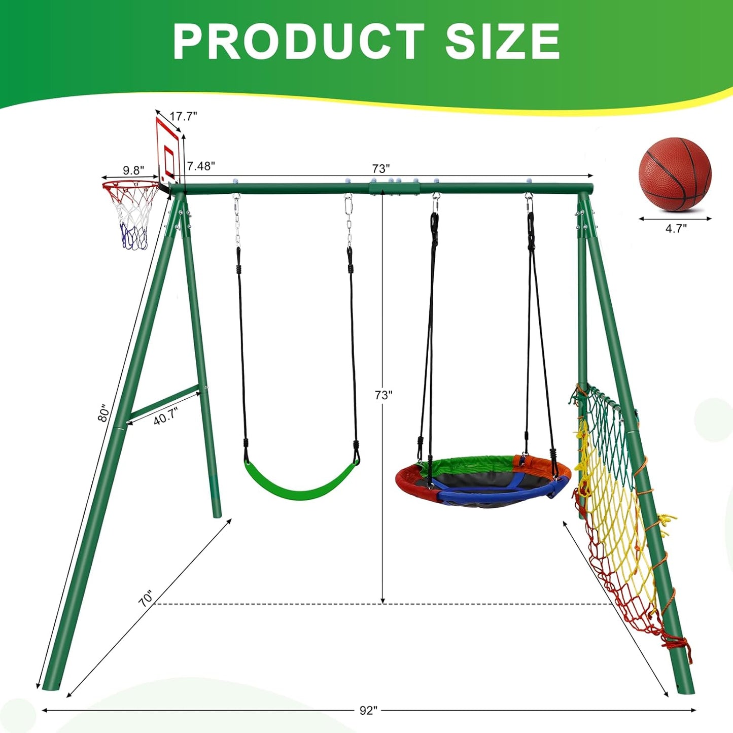 Kids 5-in-1 Outdoor Swing Set – Saucer Swing, Belt Swing, Basketball Hoop & Soccer Goal