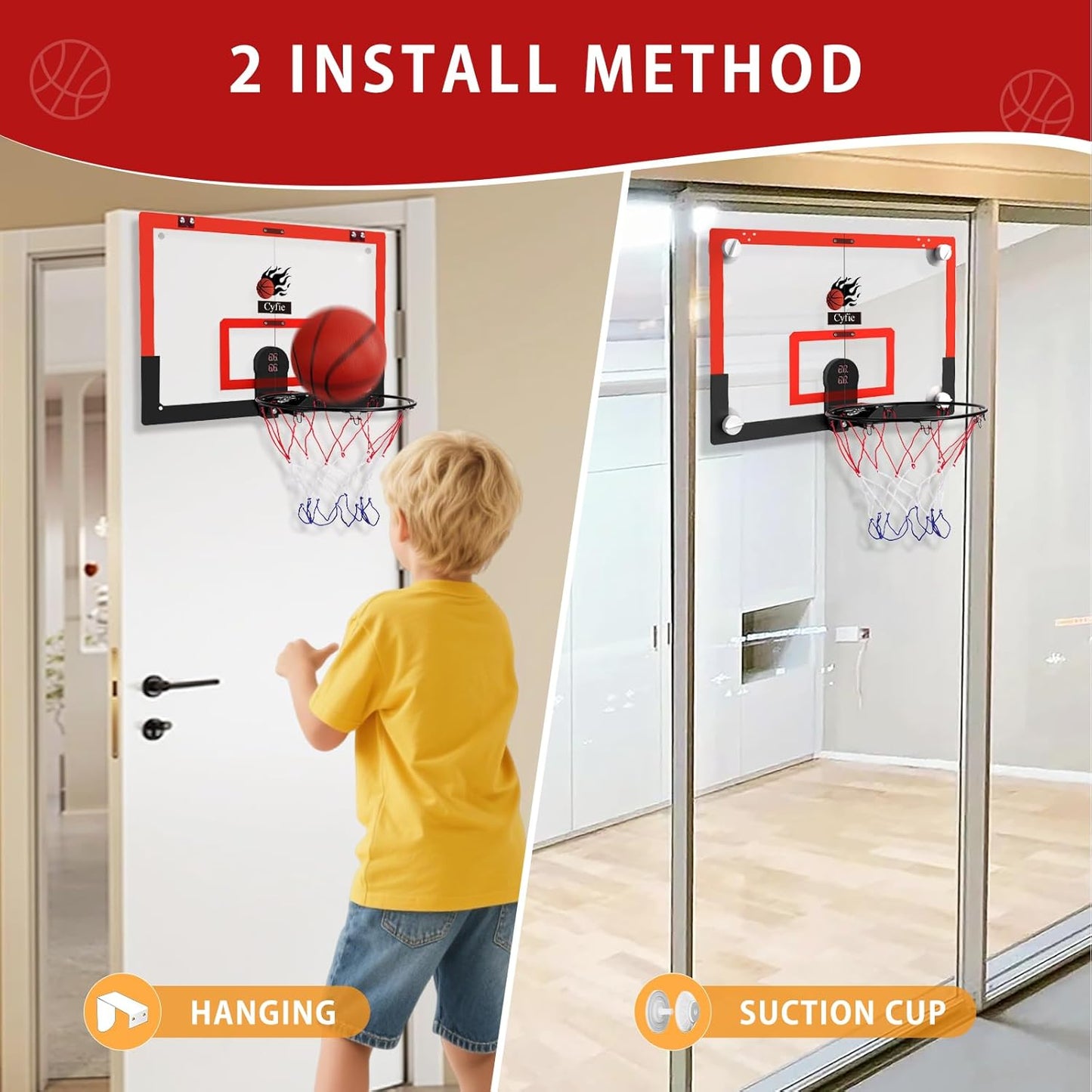 2026 Upgraded 24" x 16" Basketball Hoop – Suction Cup/Over-the-Door with Enhanced Suction Power, Electronic Scoreboard & 3 Balls