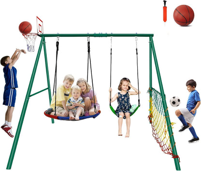 Kids 5-in-1 Outdoor Swing Set – Saucer Swing, Belt Swing, Basketball Hoop & Soccer Goal