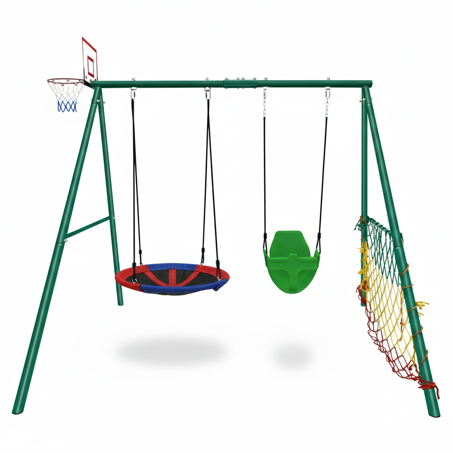 Kids 5-in-1 Outdoor Swing Set – Saucer Swing, Belt Swing, Basketball Hoop & Soccer Goal