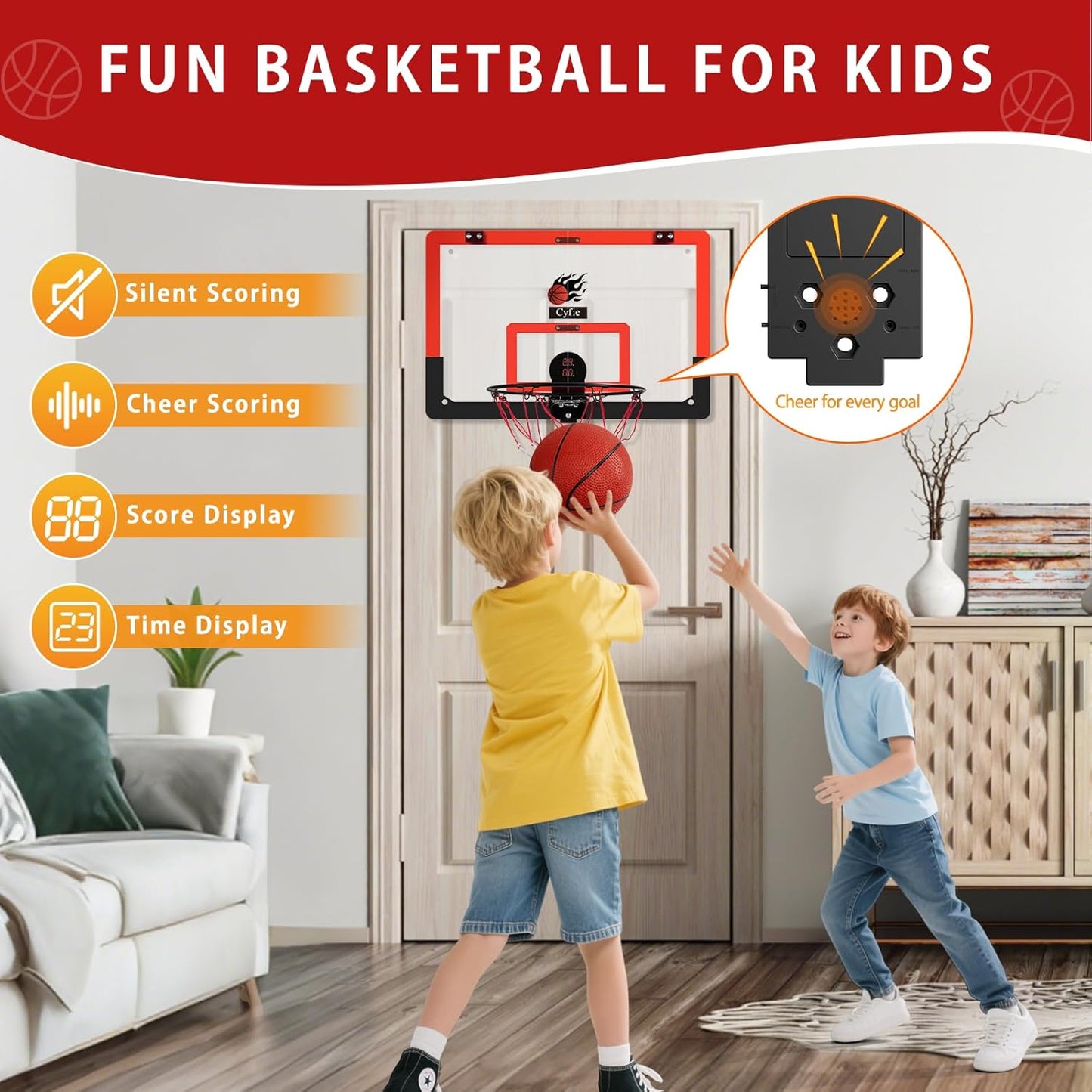 2026 Upgraded 24" x 16" Basketball Hoop – Suction Cup/Over-the-Door with Enhanced Suction Power, Electronic Scoreboard & 3 Balls