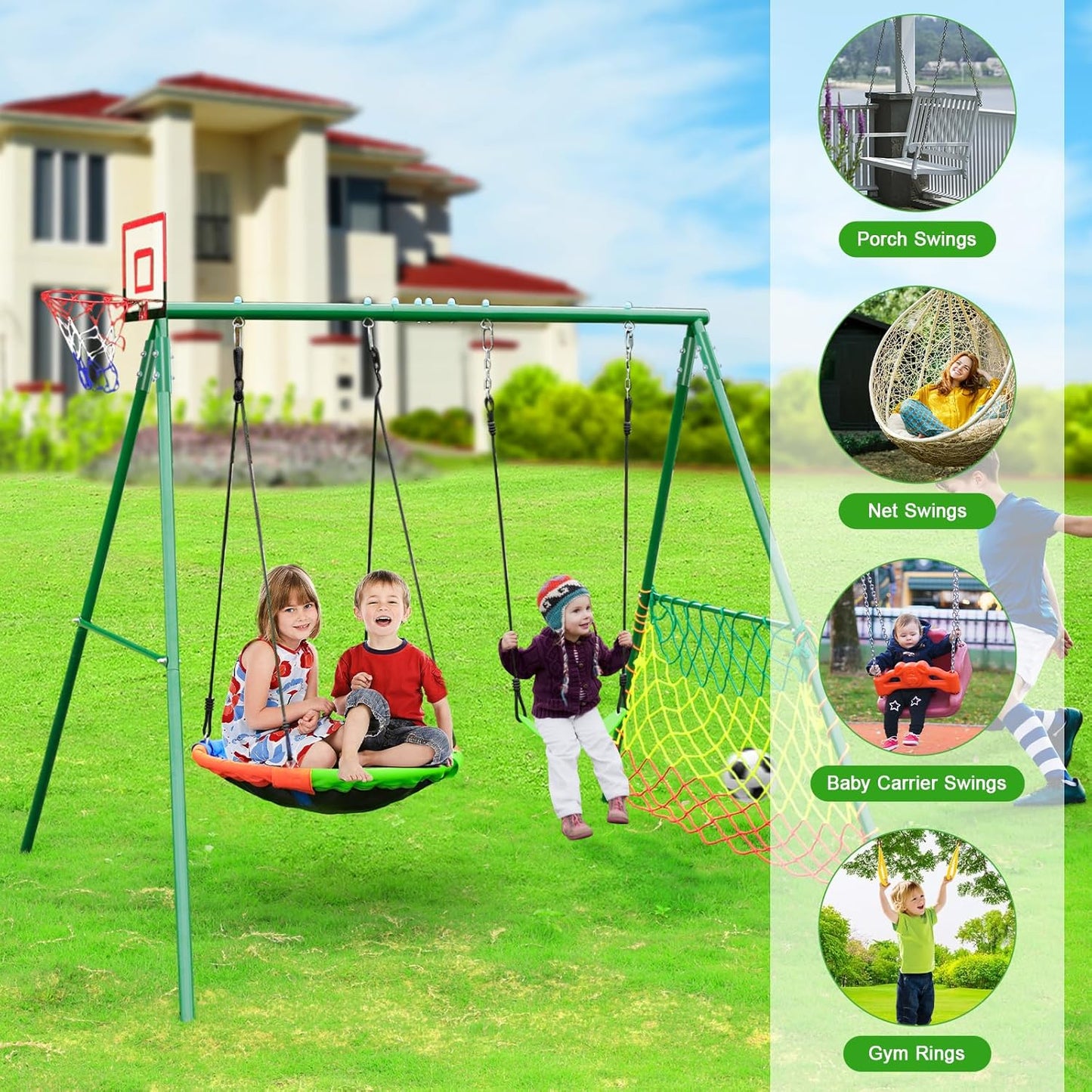 Kids 5-in-1 Outdoor Swing Set – Saucer Swing, Belt Swing, Basketball Hoop & Soccer Goal