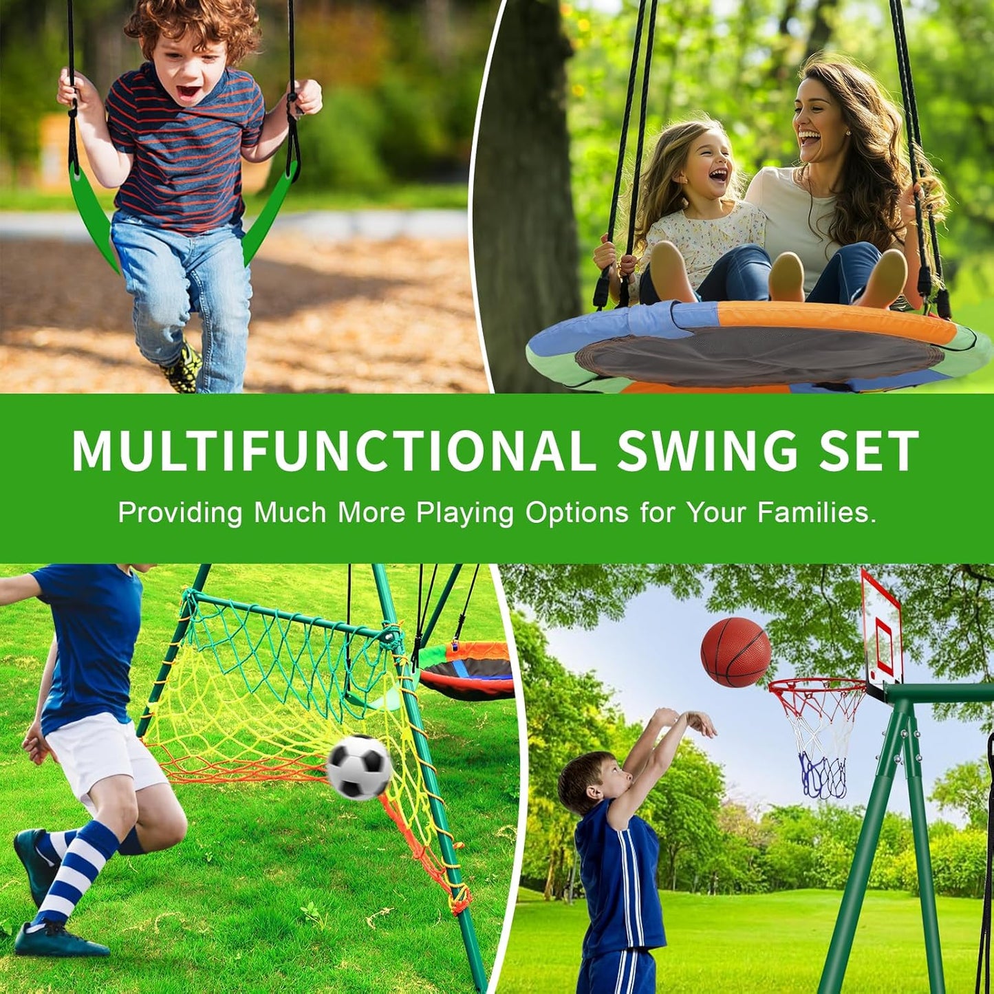 Kids 5-in-1 Outdoor Swing Set – Saucer Swing, Belt Swing, Basketball Hoop & Soccer Goal