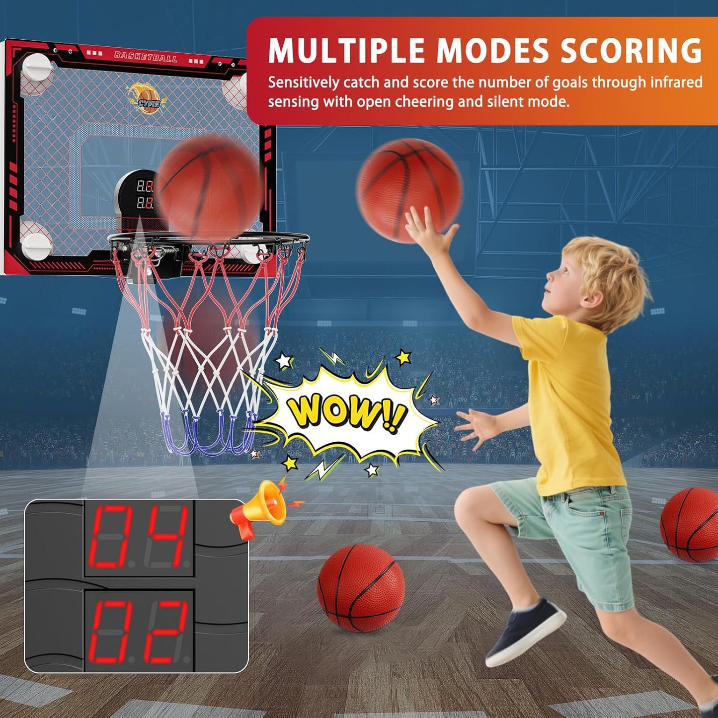 Indoor Mini Basketball Hoop with Electronic Scoreboard, Sound & 3 Balls – Suction Cup Toy for Kids & Teens