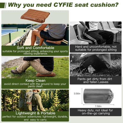 Cyfie Inflatable Seat Cushion for Travel, Portable Stadium Seat | 2.8" thick inflatable cushion, lightweight, water-resistant, ideal as an airplane seat cushion, camping pad and outdoor seat