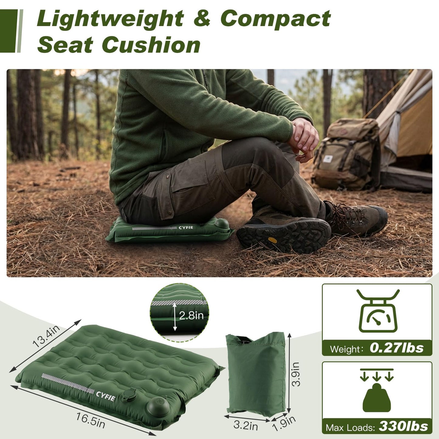 Cyfie Inflatable Seat Cushion for Travel, Portable Stadium Seat | 2.8" thick inflatable cushion, lightweight, water-resistant, ideal as an airplane seat cushion, camping pad and outdoor seat