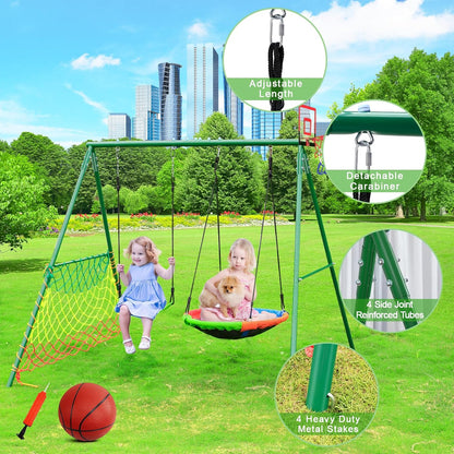 Kids 5-in-1 Outdoor Swing Set – Saucer Swing, Belt Swing, Basketball Hoop & Soccer Goal