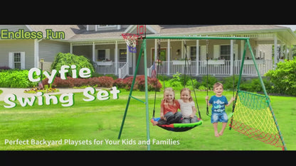 Kids 5-in-1 Outdoor Swing Set – Saucer Swing, Belt Swing, Basketball Hoop & Soccer Goal
